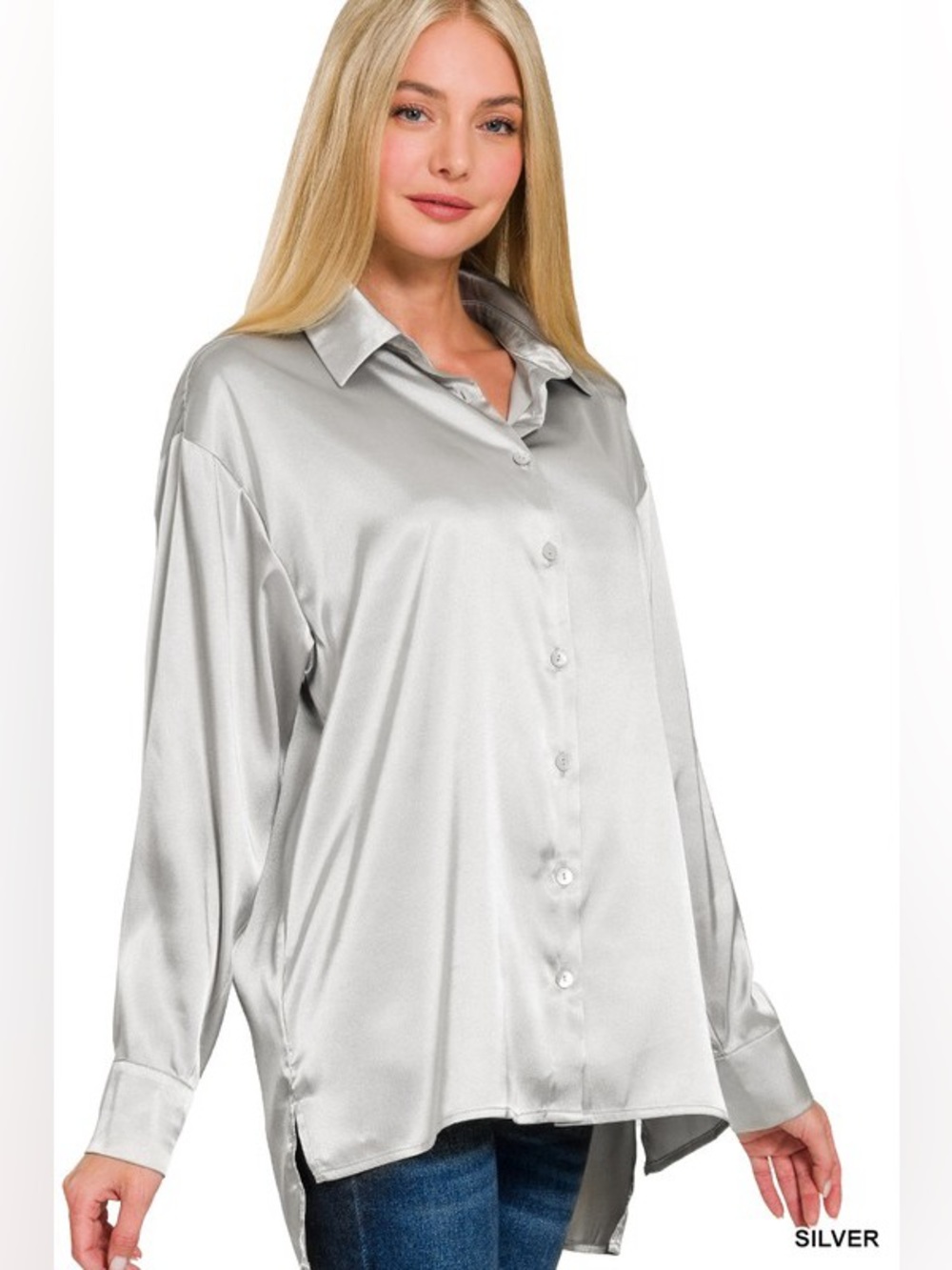 NWT Zenana Satin Silver Button Up Relaxed Fit Long Sleeve Blouse